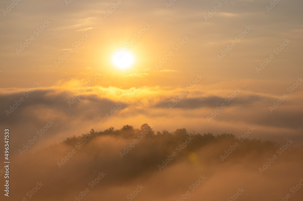 Landscape from the top of mountain on sunrise with misty in morning at Phu Lam Duan, Pak Chom District, Loei Province, Thailand