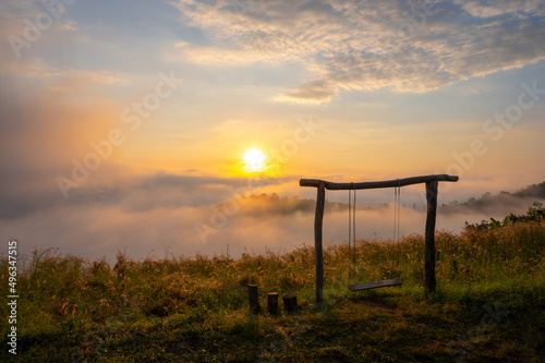 Landscape from the top of mountain on sunrise with misty in morning at Phu Lam Duan, Pak Chom District, Loei Province, Thailand
