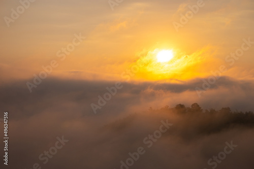 Landscape from the top of mountain on sunrise with misty in morning at Phu Lam Duan, Pak Chom District, Loei Province, Thailand