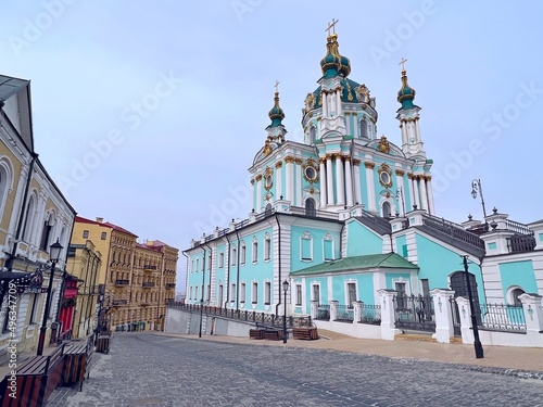 Kyiv city, Ukraine, old town. Andrew's Andreyevskyi) descent. St Andrew's Church is a major Baroque church located in Kiev, the capital of Ukraine