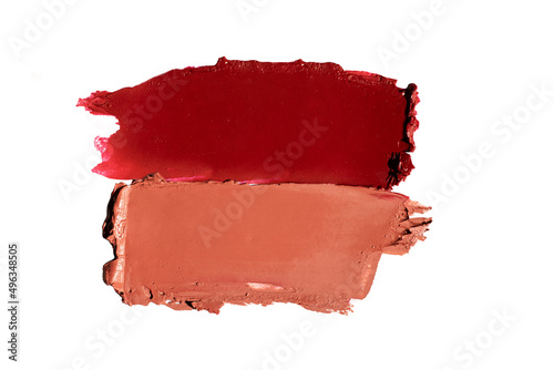 Abstract red smear of matte lipstick,isolated on white background. photo