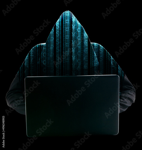 Hacker with laptop and binary code, isolated on black. Computer intruder.