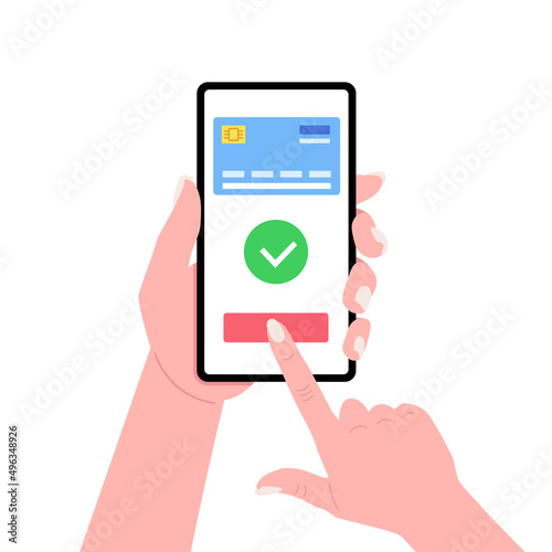 Smartphone with online payment on screen. Successful payment by credit card. Vector.
