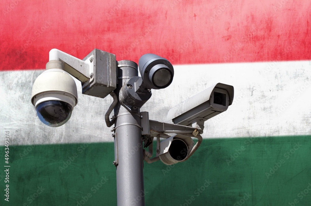 Closed circuit camera Multi-angle CCTV system against the background of the national flag of Hungary.