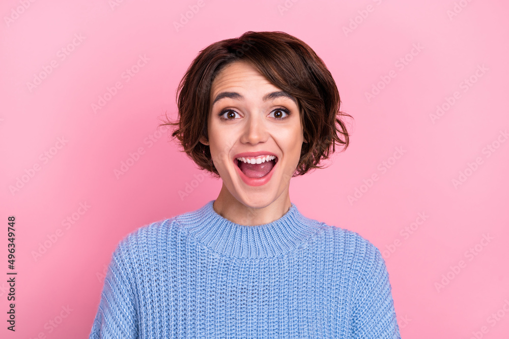 Photo of funky impressed astonished girl with open mouth see big bargain advertisement isolated on pink color background Photo of funky impressed astonished girl with open mouth see big bargain advertisement isolated on pink color background