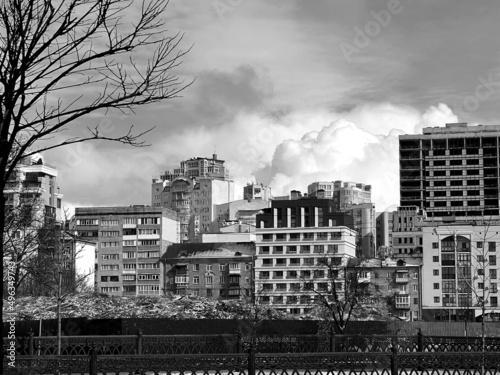 Ukraine Kyiv town dramatic cityscape in black and white colors.