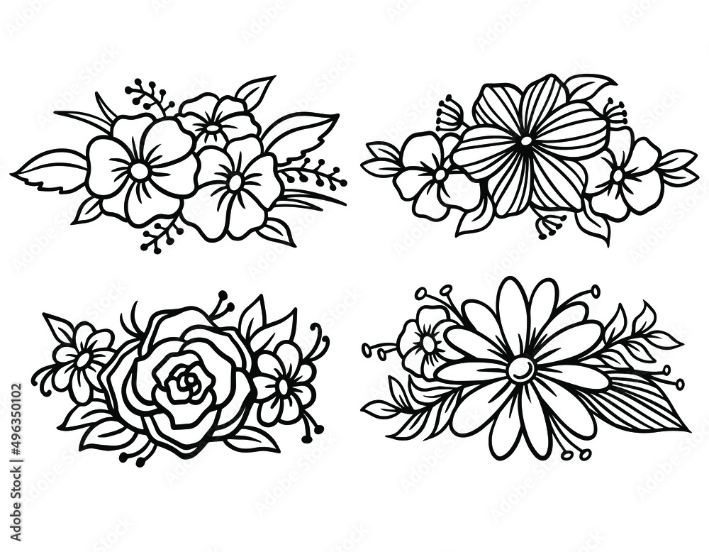 Set drawing and sketch of flowers roses and wild flowers linear pattern on a white background. A bunch of flowers wreath