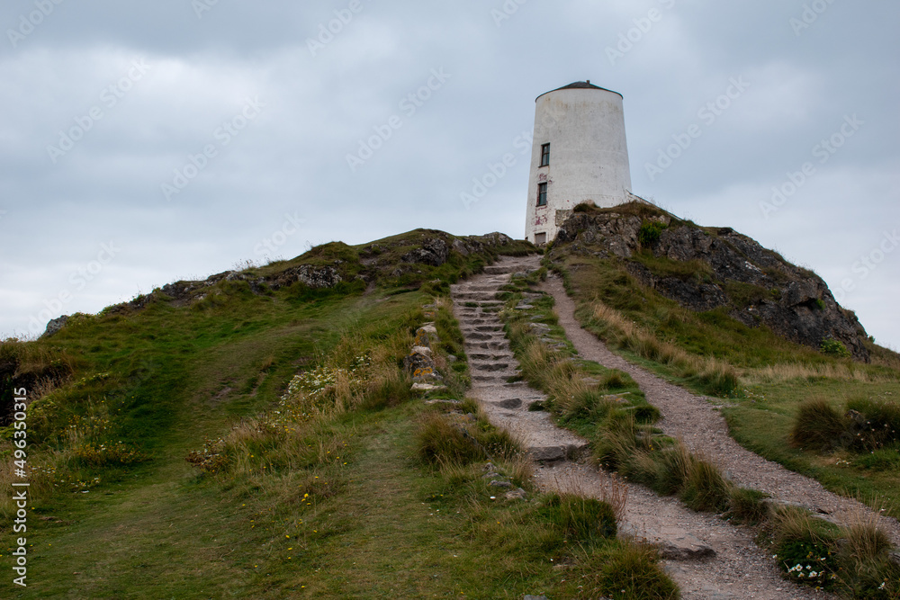 Steps leading up to Tŵr Mawr Lighthouse at Ynys Llanddwyn, Anglesey, on the north Wales coast