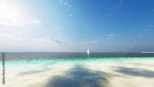 Fototapeta Naklejka Na Ścianę i Meble -  8K ULTRA HD. Beautiful Beach Sea. Scene of Landscape view of Palm at beach Beach sand on blue sea water clear and sky clear background. 