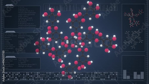Molecule of tannic acid with infographics on the computer monitor, loopable 3d animation