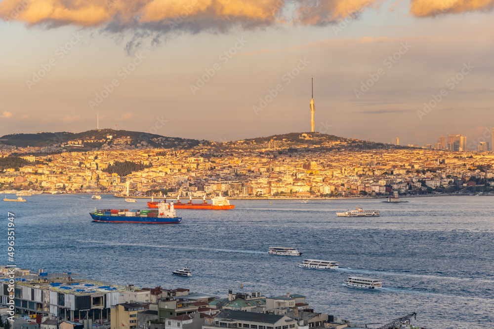 Aerial Istanbul Sunset Panorama to Golden Horn and Galata district