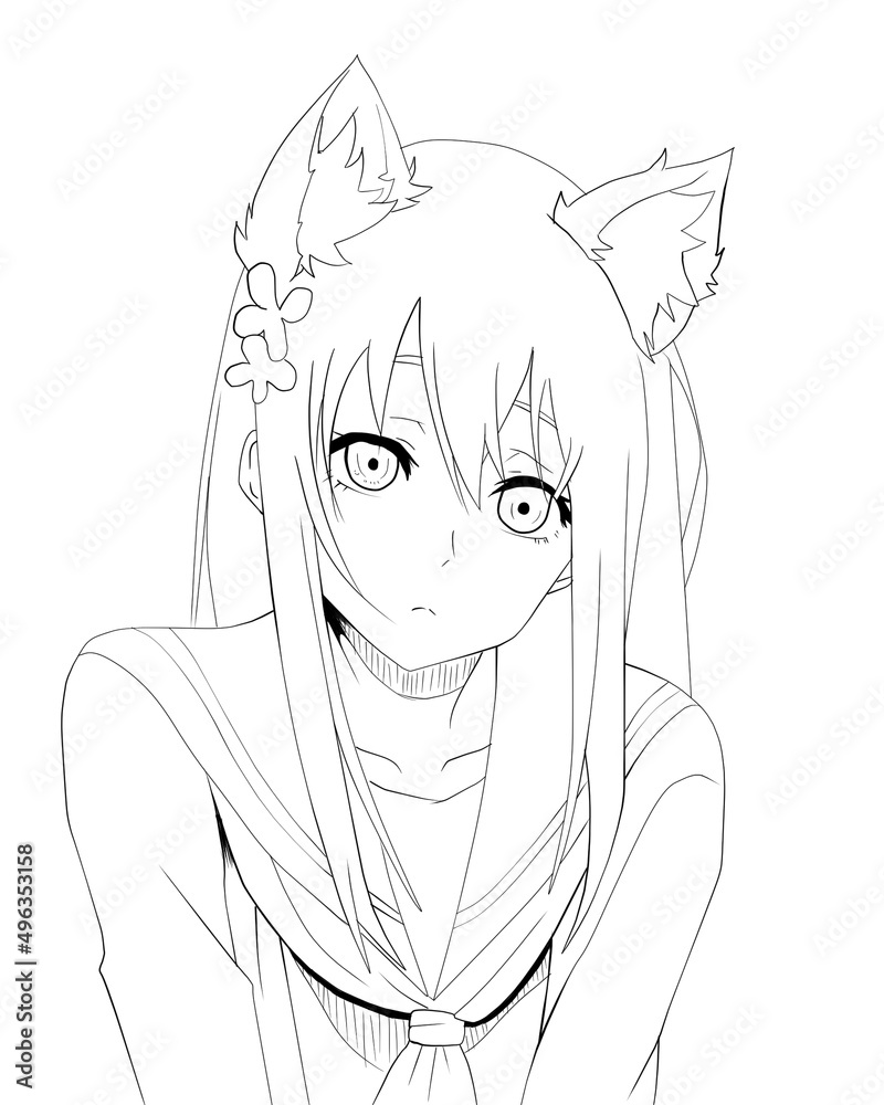 A cute girl with cat ears, black long hair, pale skin, looking a... -  Arthub.ai