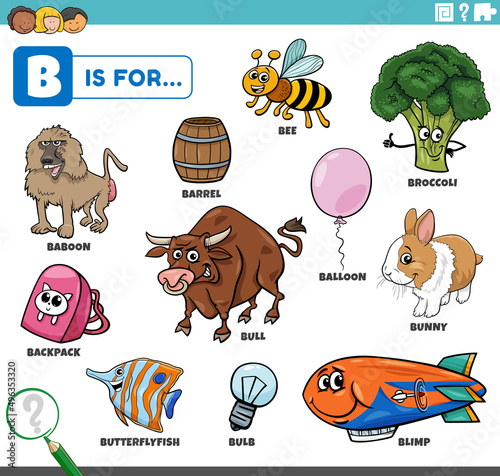 letter b words educational set with cartoon characters