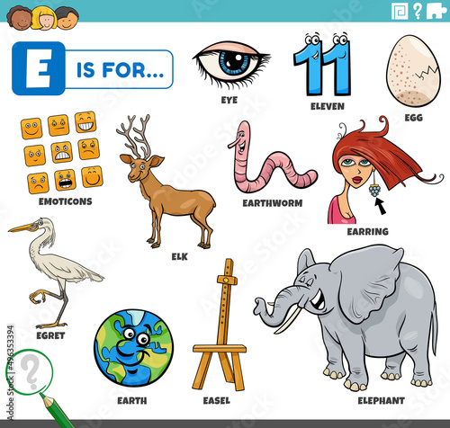 letter e words educational set with cartoon characters