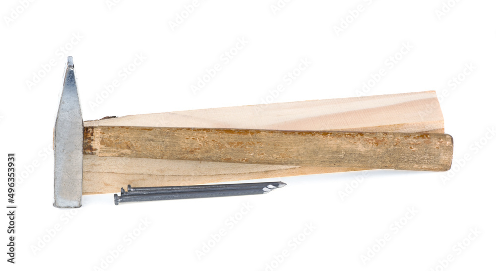 hammer nails and wooden board isolated on white background hammer nails and wooden board isolated on white background
