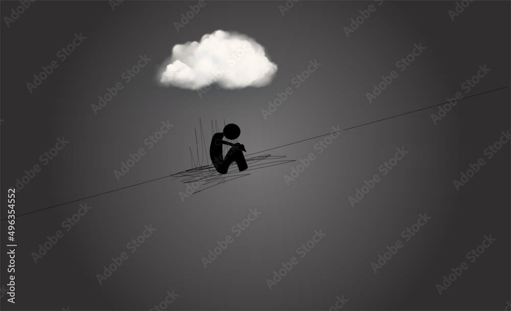 Sad stick person sitting under cloud above head, in dark place concept of sadness, sad Joe, copy space