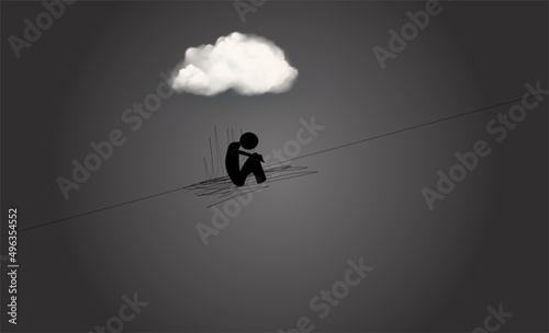 Sad stick person sitting under cloud above head, in dark place concept of sadness, sad Joe, copy space