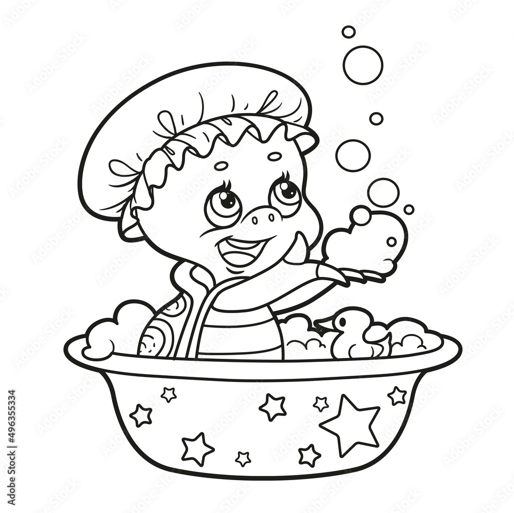 Cute little turtle takes a bath and plays with soap suds outlined for coloring page on white background Cute little turtle takes a bath and plays with soap suds outlined for coloring page on white background