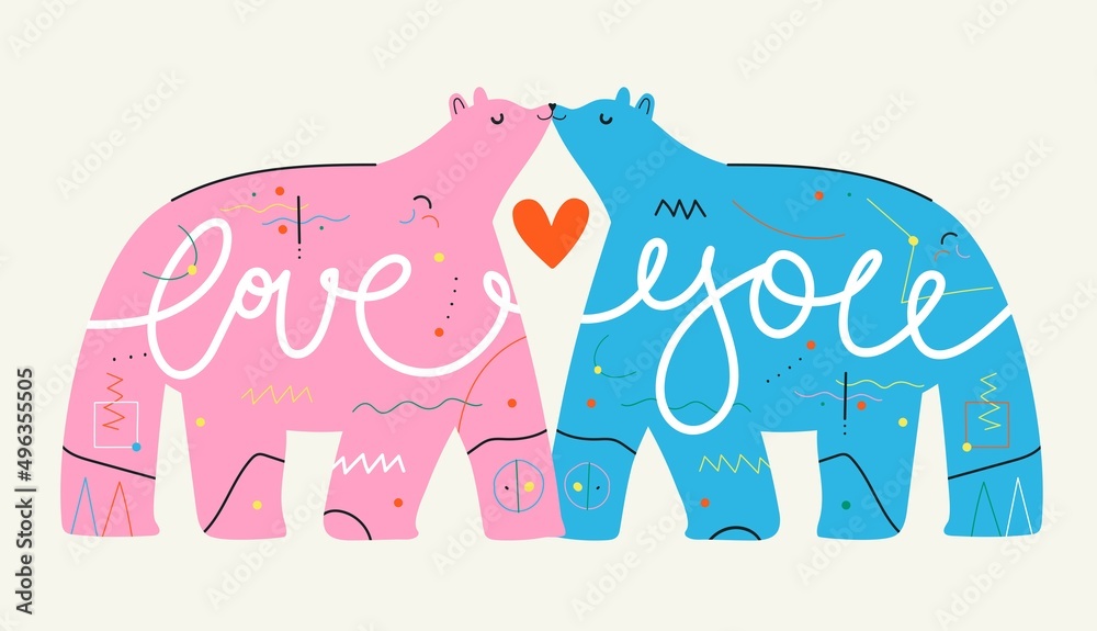 Fototapeta premium Vector illustration with kissing bears, red heart, abstract pattern and lettering words Love You. Colored typography poster with animals and calligraphy text.