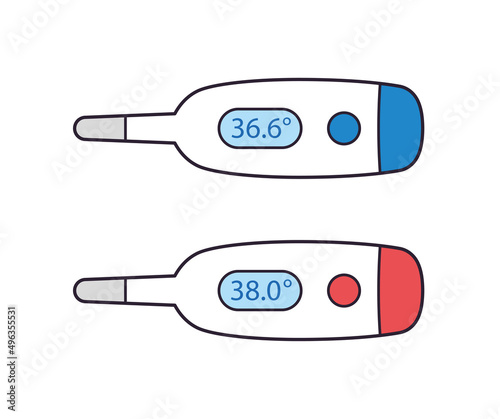 Medical digital thermometer isolated cartoon vector icons, normal and fever temperature, COVID-19 flu symptom diagnostics.