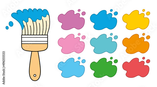 Blue paintbrush with colors paint splash blot swatches or samples palette set isolated cartoon vector.