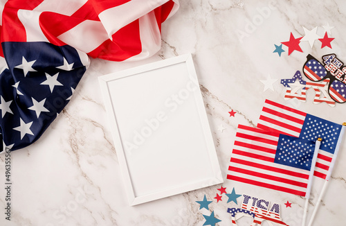 Canvas-taulu USA independence day party elements top view flat lay on marble background