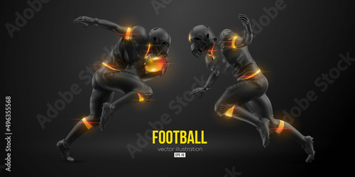 Realistic silhouette of a NFL american football player man in action isolated black background. Vector illustration