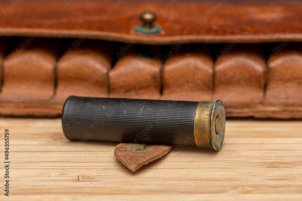 Hunting cartridge on the background of a leather bandolier on a textured background, close-up, selective focusing. Concept: bird hunting, hunting ammunition of large and small caliber.