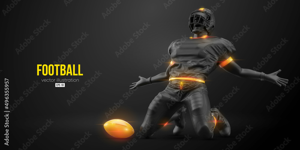 Realistic silhouette of a NFL american football player man in action isolated black background. Vector illustration