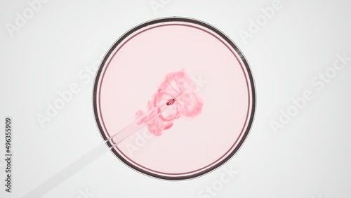 Top view macro shot of lab dropper injects red liquid into light pink one in petri dish on white background | Abstract skincare ingredients mixing concept