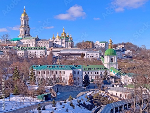 Kyiv Ukraine Lavra orthodox monastery. Majestic landscape of ancient monastery, churches, cathedral, temples with golden domes. Christianity religion, spirituality, worship. Kiev Pechersk Lavra.