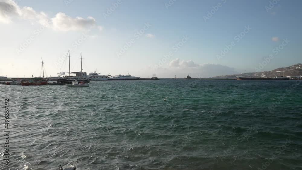Harbour of Mykonos Town and Aegean Sea, Mykonos Town, Mykonos, Cyclades, Greek Islands Harbour of Mykonos Town and Aegean Sea, Mykonos Town, Mykonos, Cyclades, Greek Islands