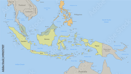 Indonesia, Malaysia, Philippines map and islands classic color, individual states and city whit names vector