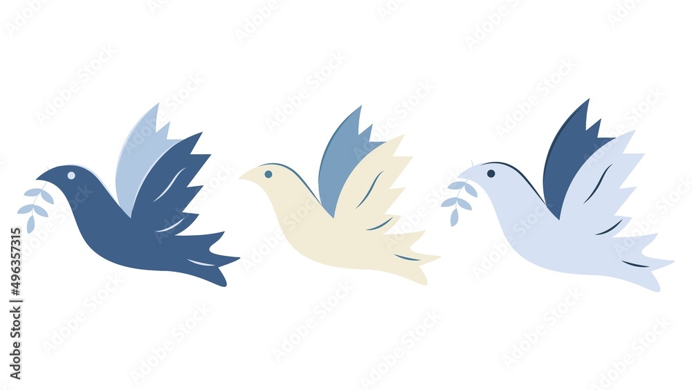 Set of doves in blue tones. Three doves of peace, a symbol of peace, a peace-loving bird. Flat design, closeup vector isolated illustration. The concept of the international day of peace. Set of doves in blue tones. Three doves of peace, a symbol of peace, a peace-loving bird. Flat design, closeup vector isolated illustration. The concept of the international day of peace.