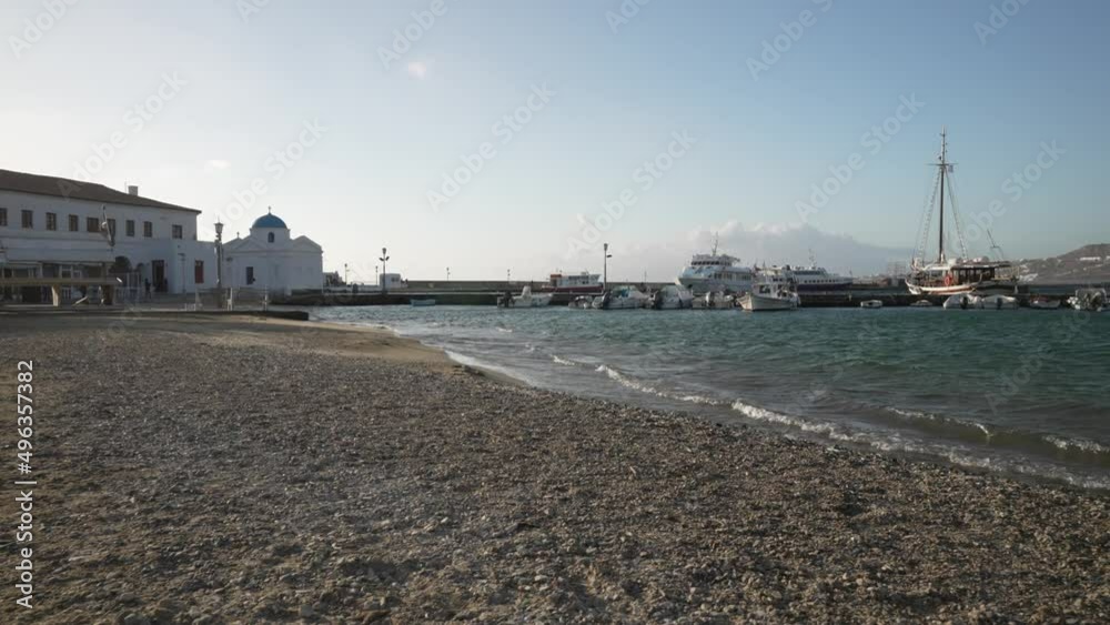 Harbour of Mykonos Town and Aegean Sea, Mykonos Town, Mykonos, Cyclades, Greek Islands Harbour of Mykonos Town and Aegean Sea, Mykonos Town, Mykonos, Cyclades, Greek Islands