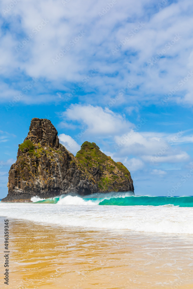 View of Two Brothers Mountain (Morro dos Dois Irmãos in Portuguese) from Cacimba do Padre beach in Fernando de Noronha, Brazil