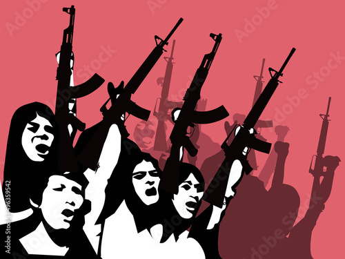 A black silhouette of a group of people holding a gun with a red background.