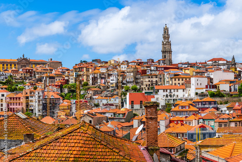 Porto, Portugal: Old town skyline with Clerigos tower, the cathedral and old houses roof tops
