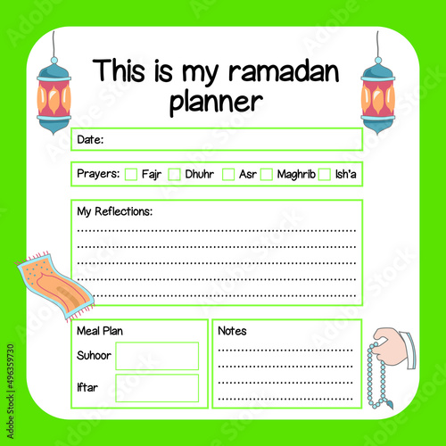 Ramadan planner for children. Islamic planner for kids. Cute worksheet. 