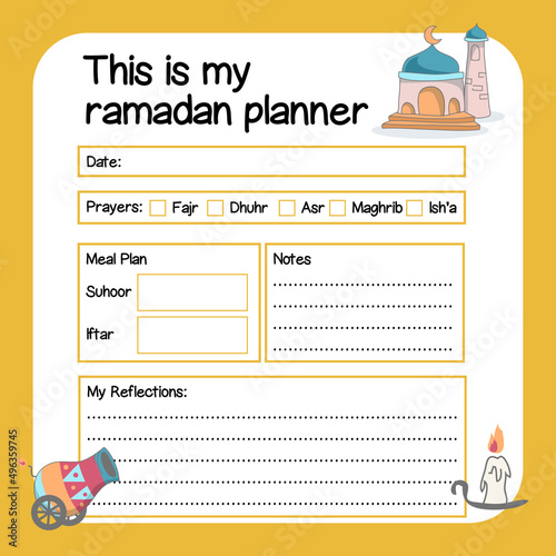 Ramadan planner for children. Islamic planner for kids. Cute worksheet. 
