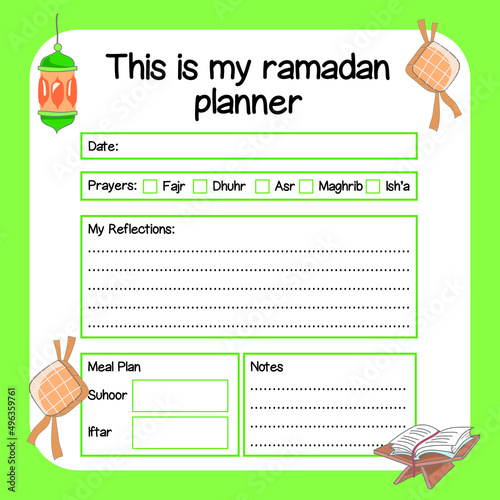 Ramadan planner for children. Islamic planner for kids. Cute worksheet. 