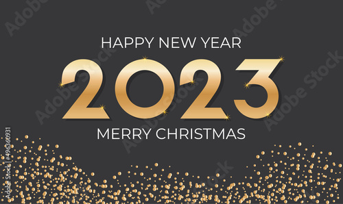 Happy new 2023 year Elegant gold text with light. Minimal text template