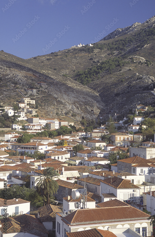 Houses near a hill, Hydra, Saronic Gulf Islands, Greece Houses near a hill, Hydra, Saronic Gulf Islands, Greece