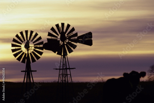 Silhouette of two windmills in a field photo