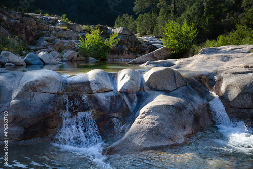 The Cavu river and its natural pools. Piscines Naturelles De Cavu are natural swimming pools formed by river Cavu, Corse du Sud, Corsica, France