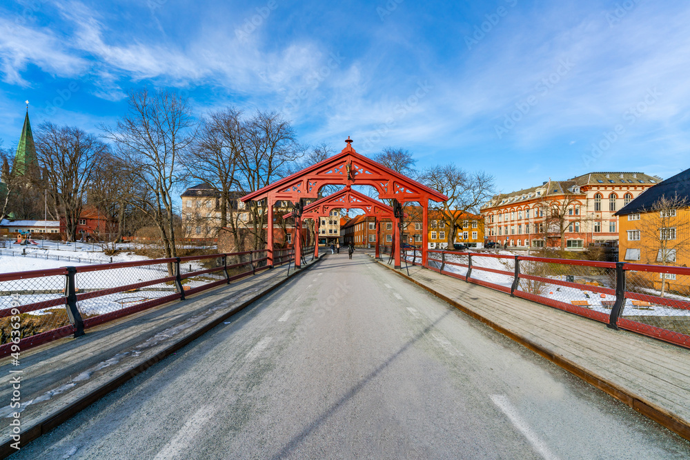 Famous Gamle Bybro (Old Town Bridge) over the river Nidelva in Trondheim, Norway