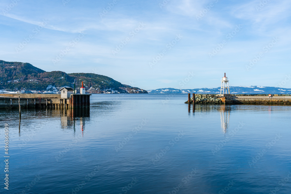 Entrance to Trondheim Harbour and view of Trondheim fiord (Trondheimsfjorden), an inlet of the Norwegian Sea, Norway