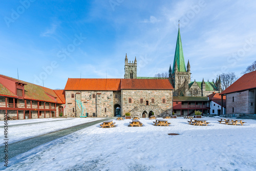 View of the famous cathedral Nidarosdomen and Archbishop's Palace in Trondheim, Norway