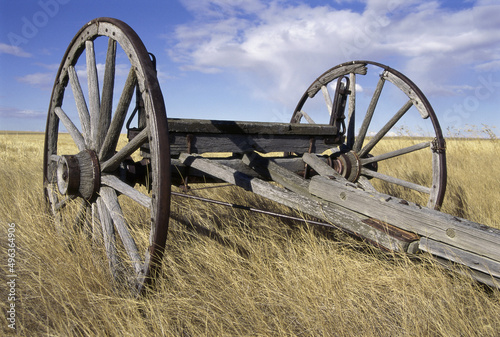 Dilapidated wooden wagon in a field