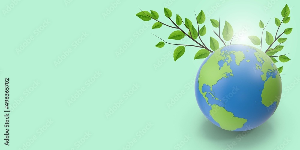 3d world and green leaf background. Slide or landing page layout with illustration of the concept of sustainability or environmental protection 3d world and green leaf background. Slide or landing page layout with illustration of the concept of sustainability or environmental protection